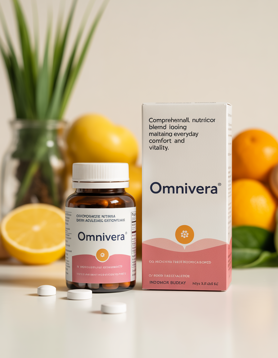 Omnivera nutritional supplement bottle with daily blend formula